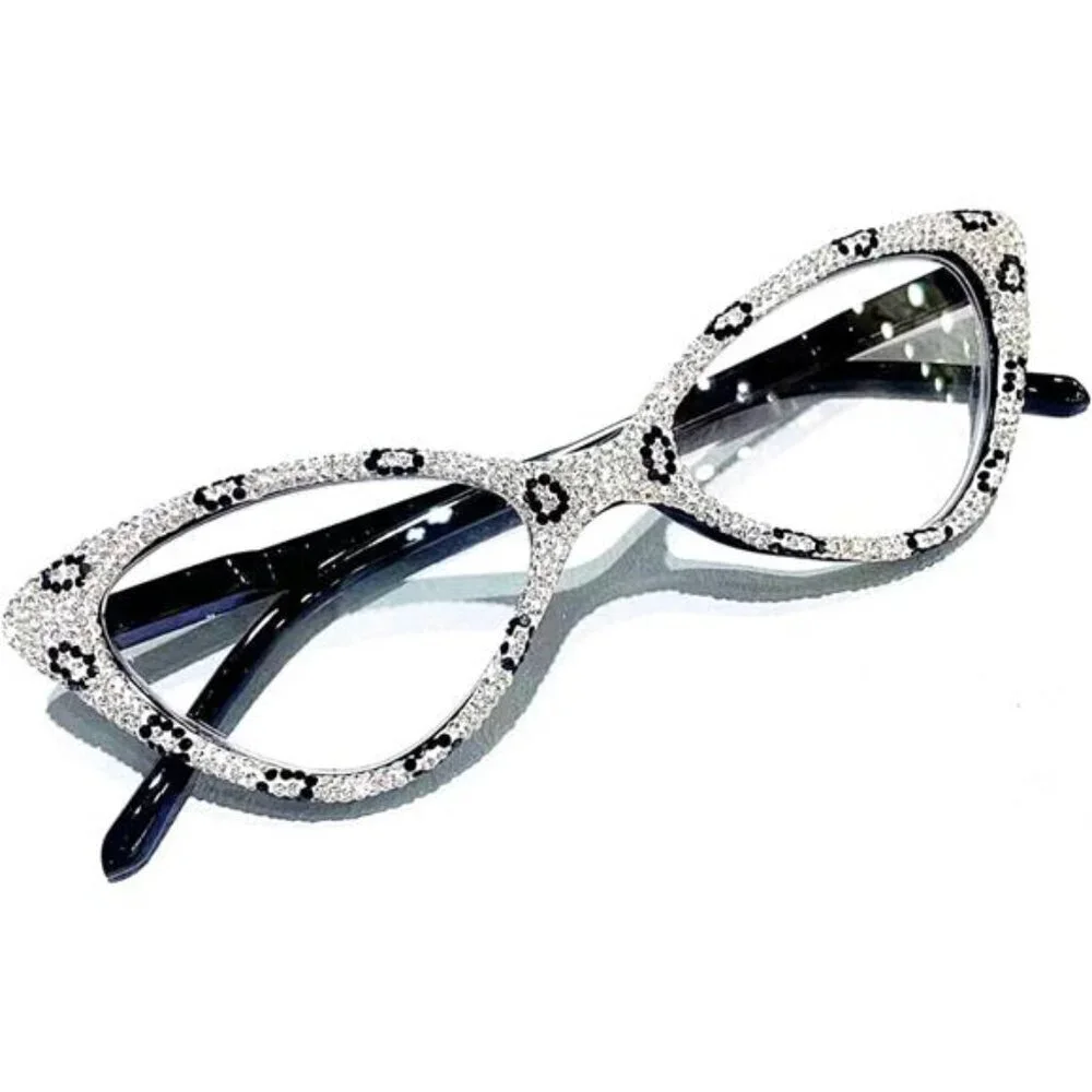 White Rhinestone Cat-Eye Glasses Vintage Frames with Black Leopard X1.0 Magnify